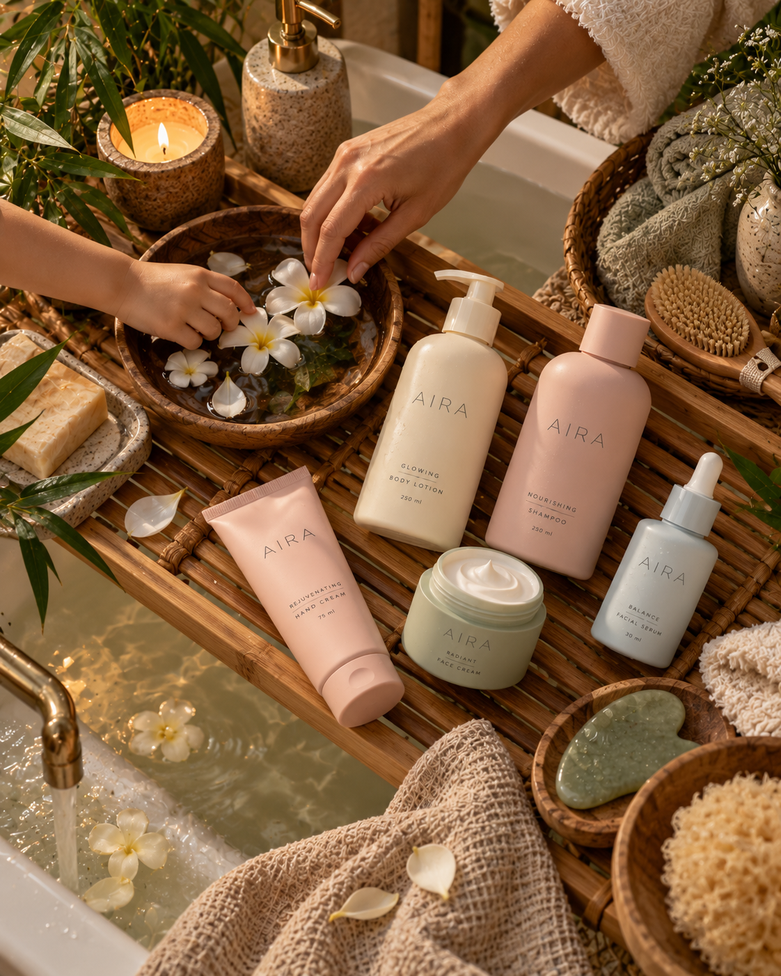 Ritual de cuidado con flores y productos AIRA